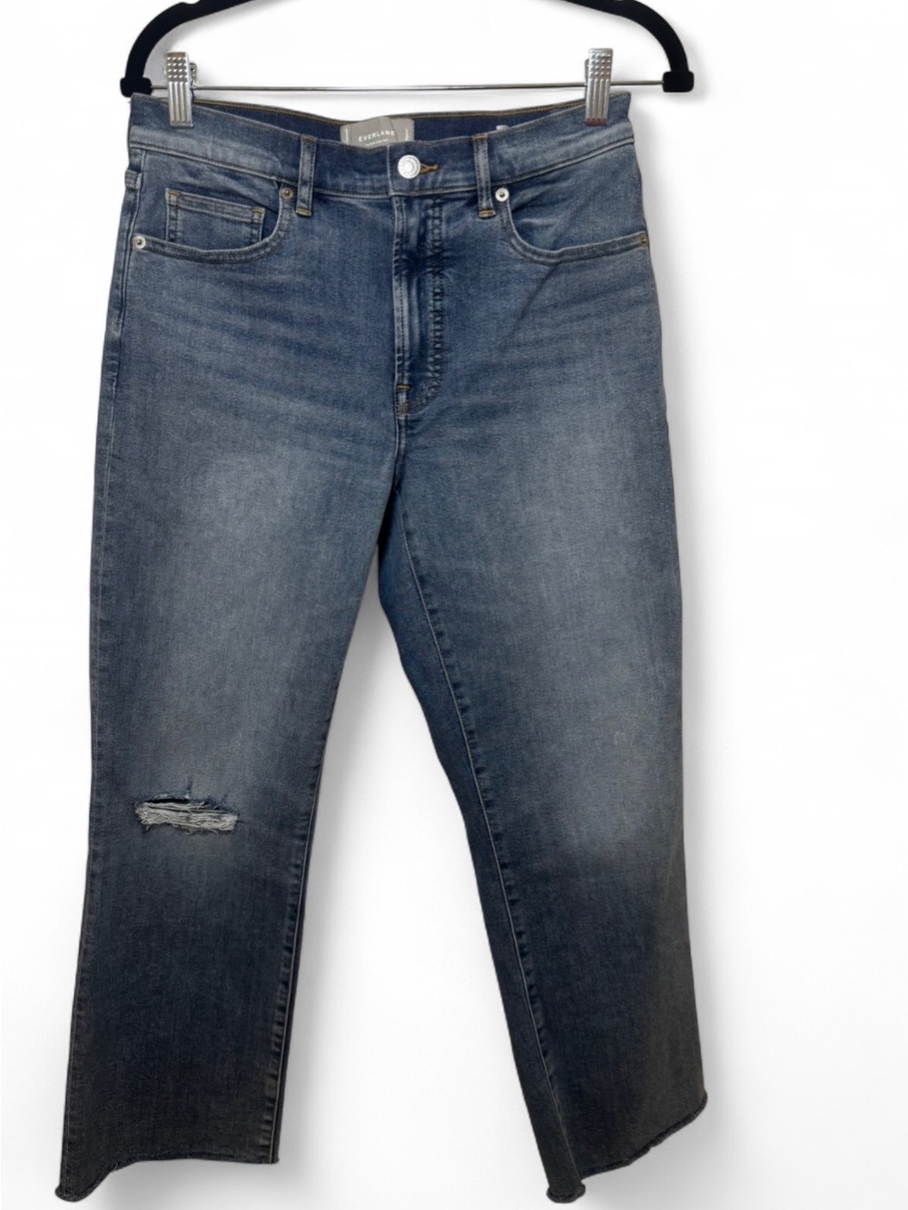 Everlane The Kick Crop Jean Blue Distressed Raw Hem Flare Denim Size 29 Regular